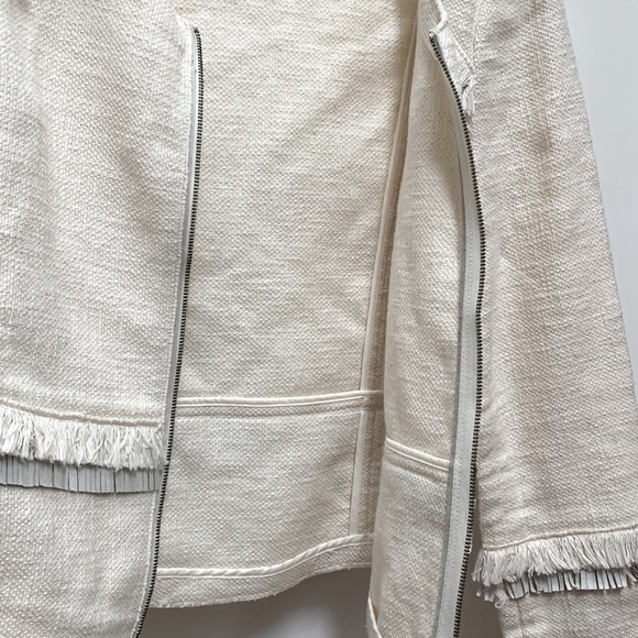 Rebecca Taylor Tweed Look Cotton Fray Fringe Raw Edge Leather Blazer Jacket Sz 6 - Picture 10 of 16